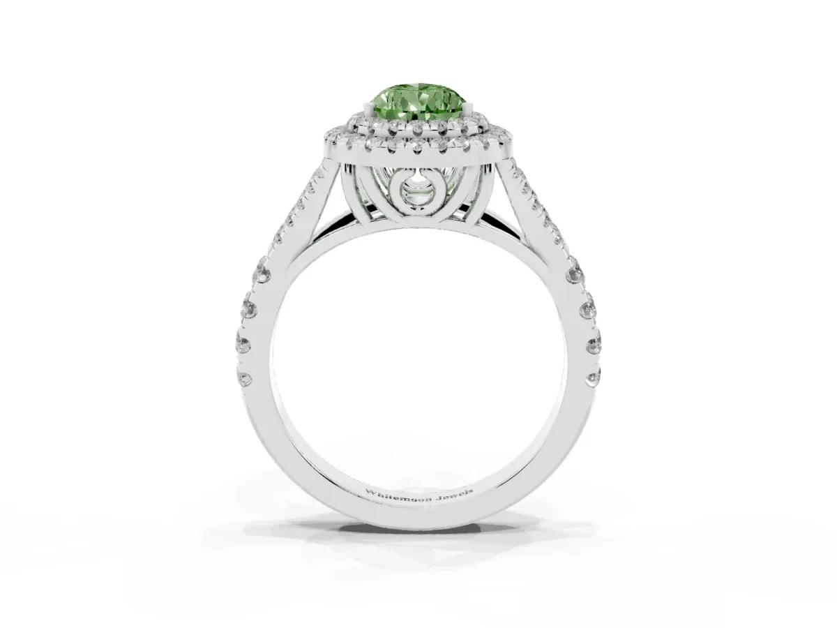Fancy Green Pear Cut Cut Double Halo Split Shank Diamond Ring with Prong Setting Silver