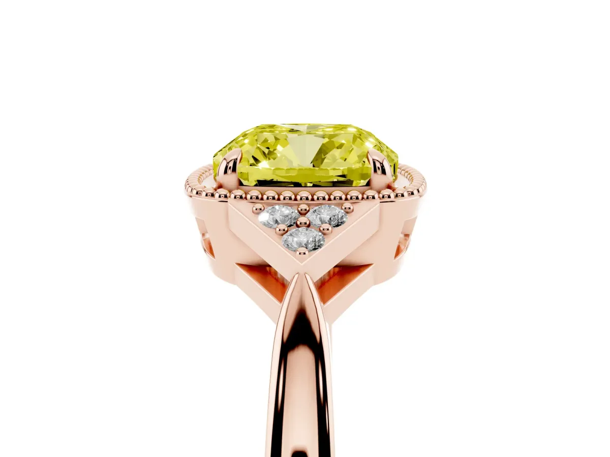 Fancy Yellow Cushion Cut Diamond Halo Ring with Tapered Band and Four-Prong Setting Rose gold