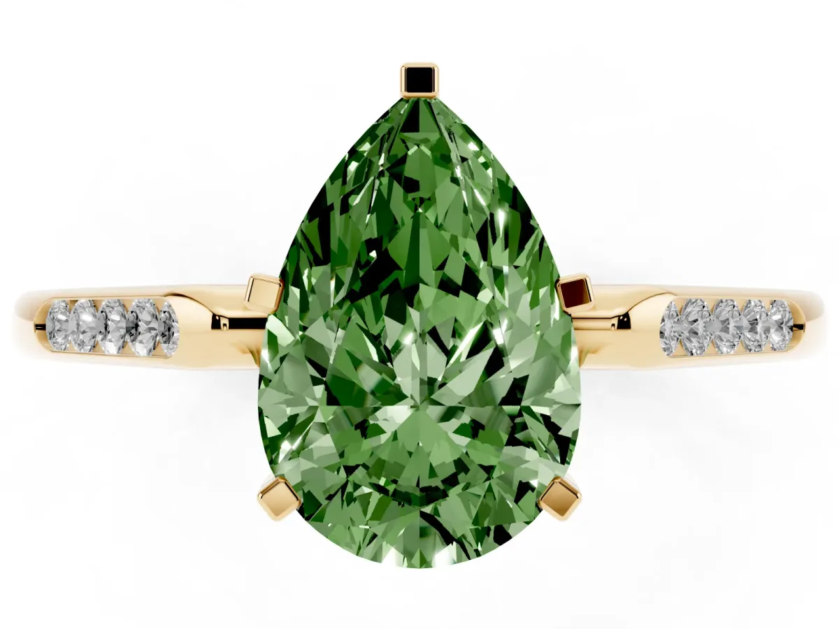 Fancy Green Pear Cut Diamond Solitaire Ring with Channel Set Round Band and Prong Setting Yellow gold