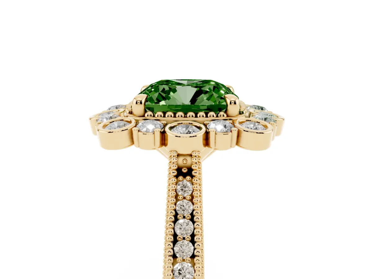 Fancy Green Cushion Cut Halo Milgrain Pave Diamond Ring with Four-Prong Setting Yellow gold