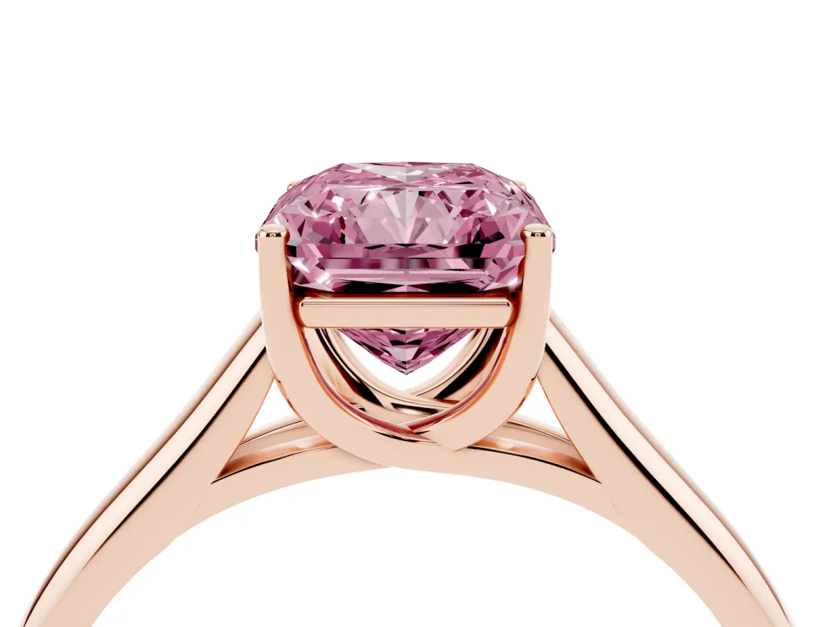 Fancy Pink Radiant Cut Solitaire Engagement Ring with Tapered Band and Four-Prong Setting Rose gold