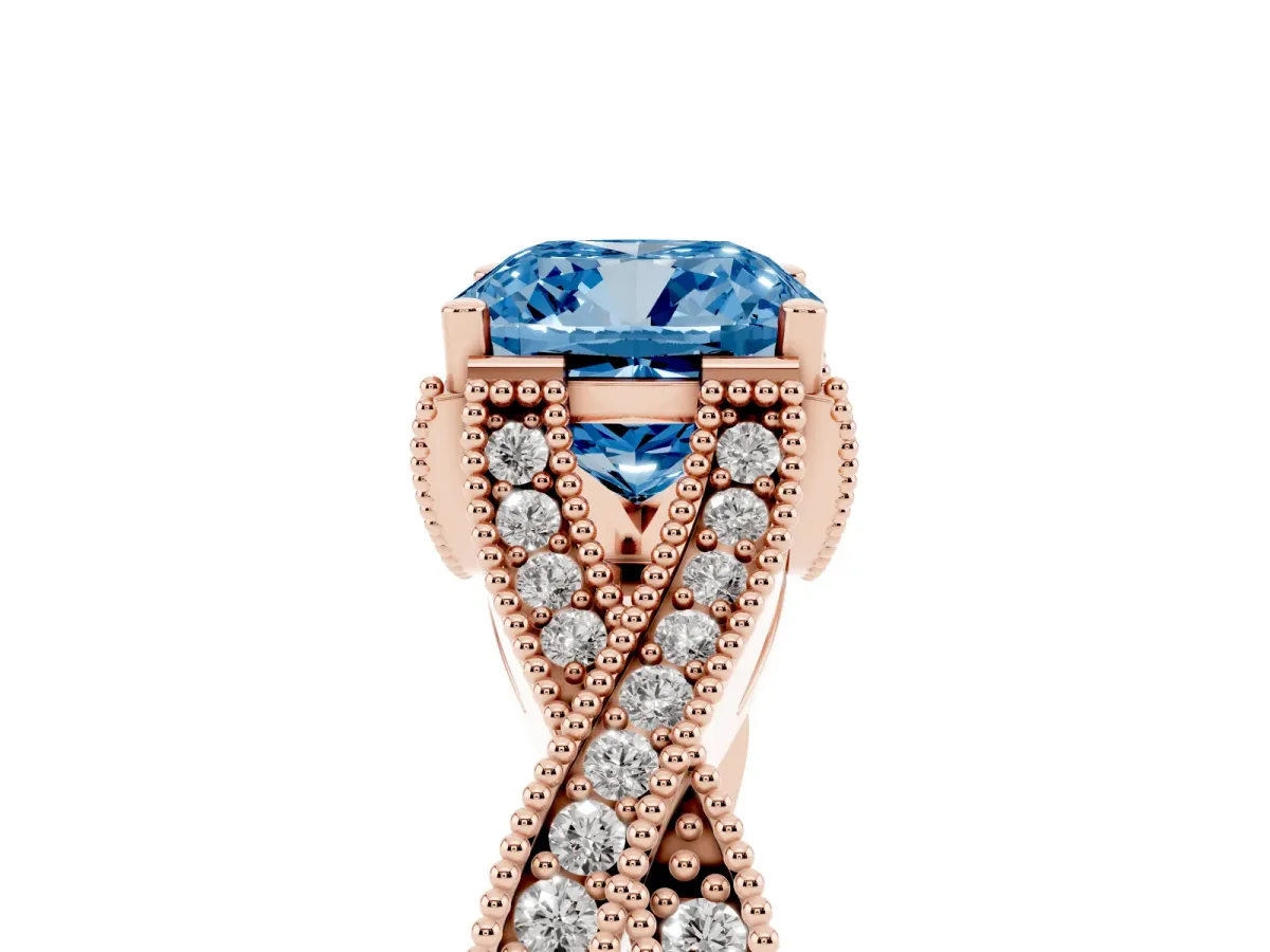Fancy Blue Cushion Cut Cut Diamond Twisted Band with Milgrain Pave Setting and Four-Prong Setting Rose gold