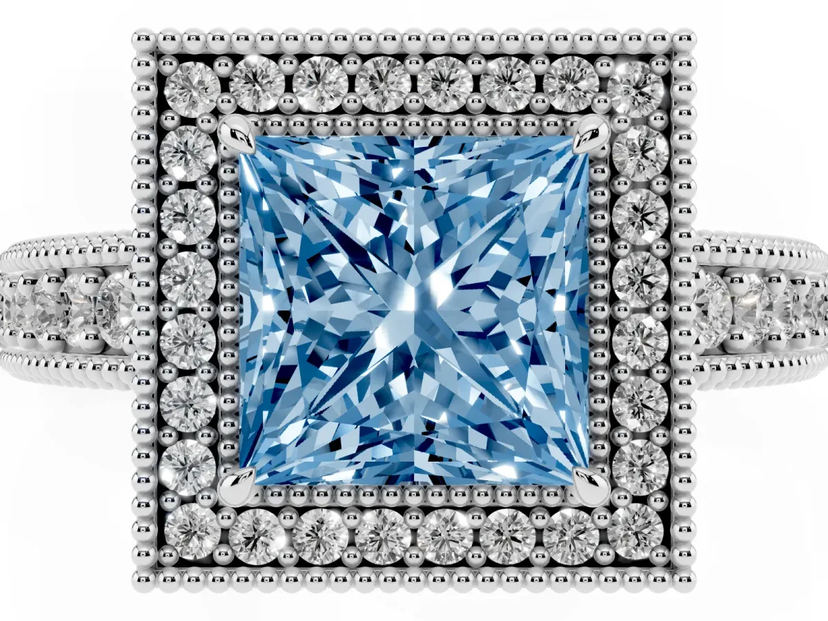 Fancy Blue Princess Cut Cut Halo Diamond Ring with Pavé Band and Four-Prong Setting Platinum