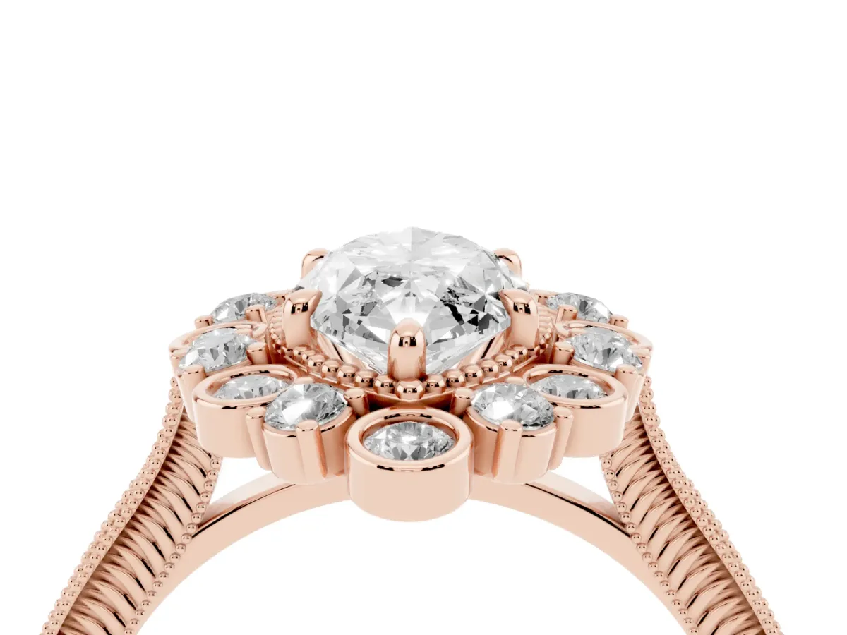 Marquise Cut Halo Milgrain Pave Diamond Ring with Four-Prong Setting Rose gold