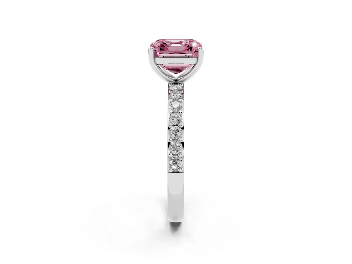 Fancy Pink Asscher Cut Cut Diamond Solitaire with Pave Band and Four-Prong Setting Platinum