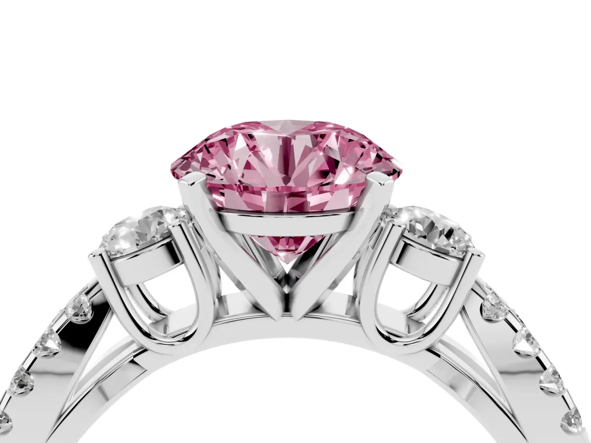 Fancy Pink Round Cut Diamond Three-Stone Ring with Pavé Split Shank and Four-Prong Setting Silver