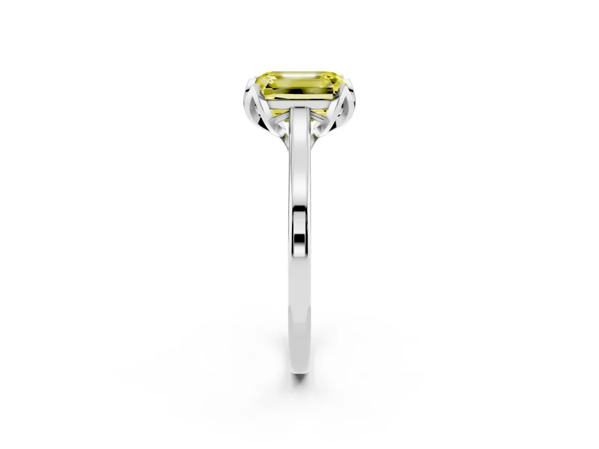 Fancy Yellow Emerald Cut Diamond Solitaire Ring with Flower Prong Setting and Classic Band Silver