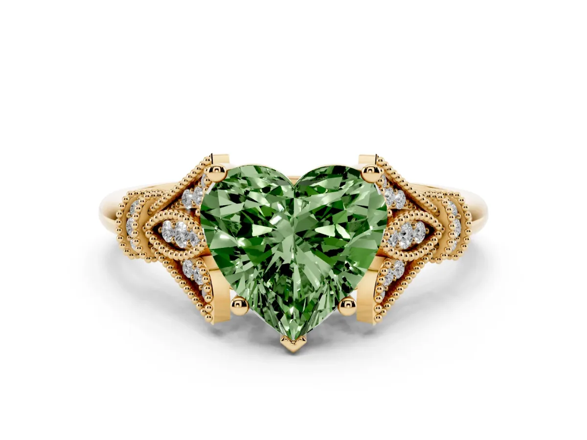 Fancy Green Heart Cut Diamond Solitaire Ring with Floral Filigree and Pave Accents Yellow gold