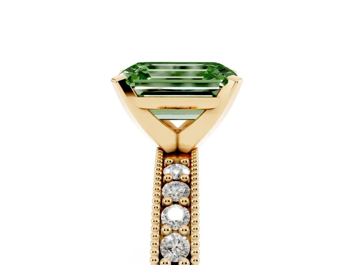 Fancy Green Emerald Cut Diamond Milgrain Pavé Engagement Ring with Four-Prong Setting Yellow gold