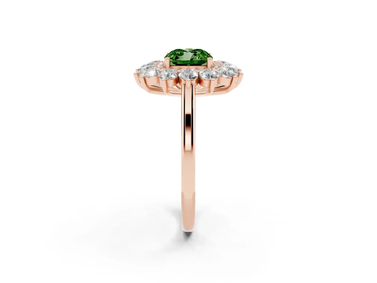 Fancy Green Cushion Cut Diamond Floral Double Halo Engagement Ring with Prong Setting Rose gold