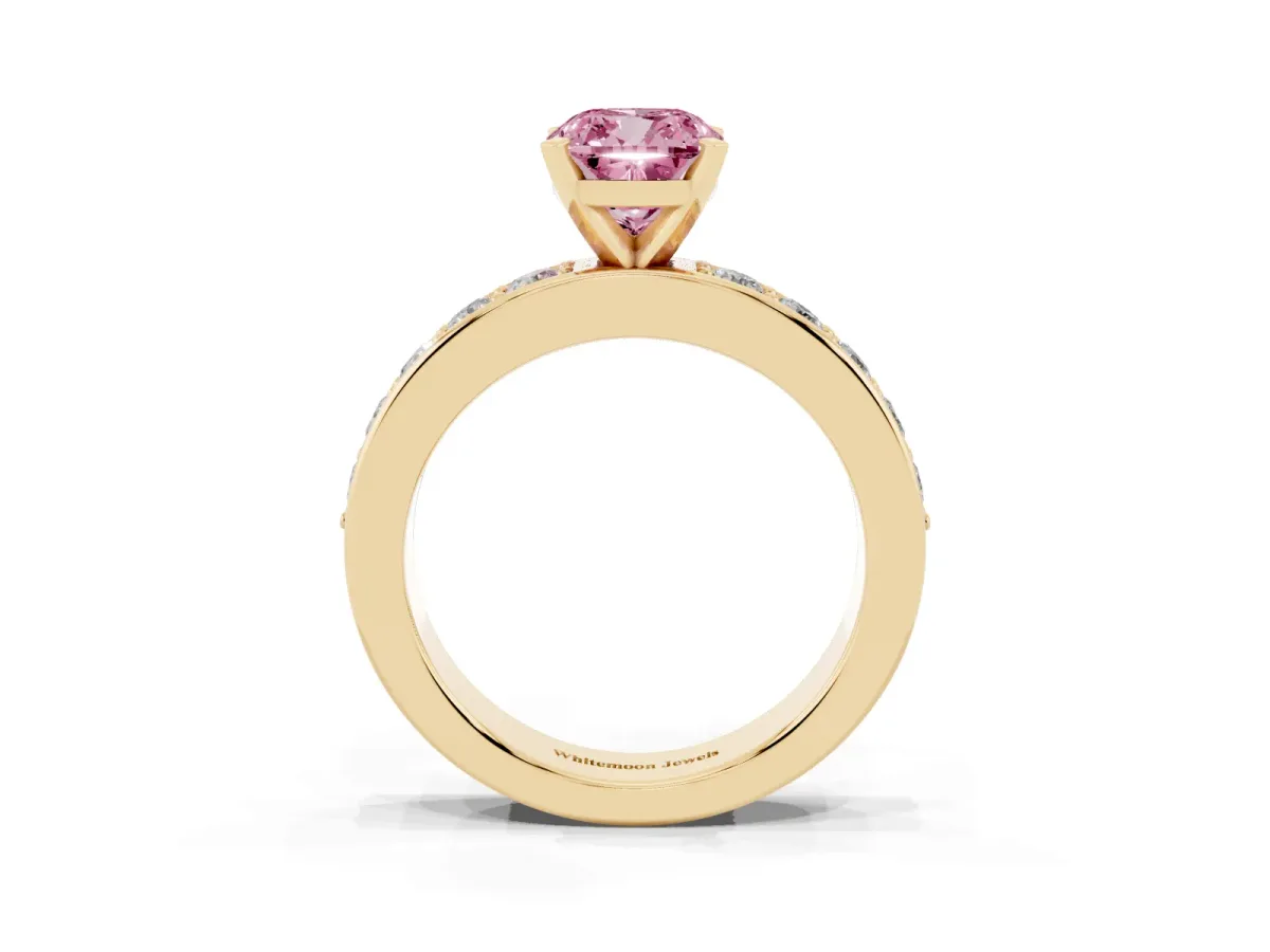 Fancy Pink Cushion Cut Diamond Engagement Ring with Channel Set Round Band and Prong Setting Yellow gold