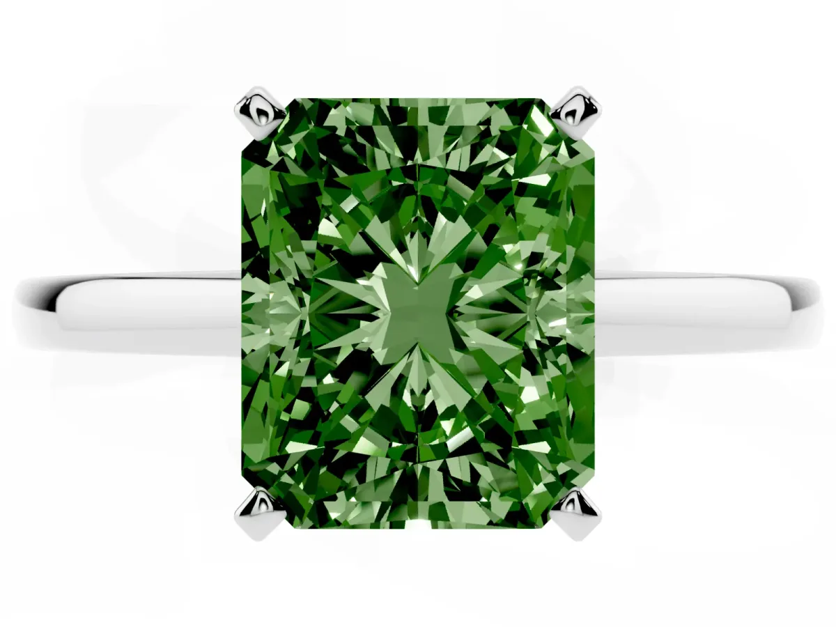 Fancy Green Radiant Cut Solitaire Diamond Engagement Ring with Four-Prong Setting on a Classic Band Silver