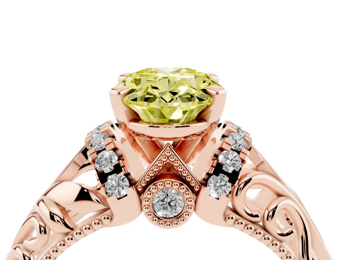 Fancy Yellow Oval Cut Solitaire Filigree Engagement Ring with Halo and Prong Setting Rose gold