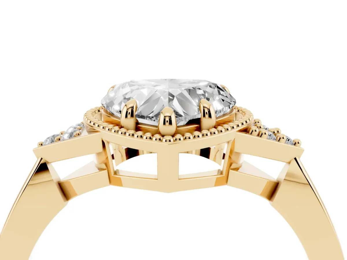Hexagonal Halo Heart Cut Diamond Solitaire with Pavé Band and Four-Prong Setting Yellow gold