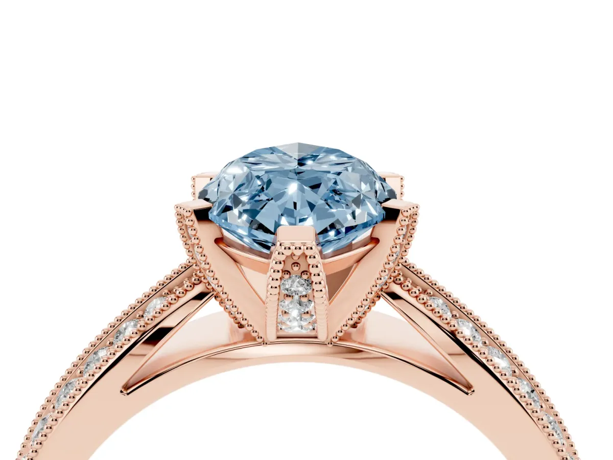 Fancy Blue Marquise Cut Diamond Solitaire Ring with Milgrain Round Pavé Band and Prong Setting Rose gold