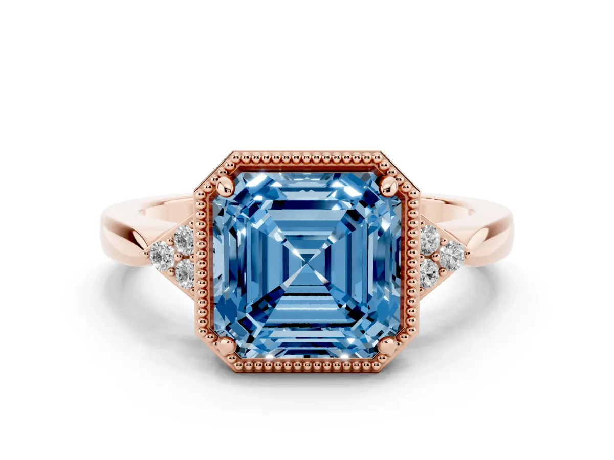 Fancy Blue Hexagonal Halo Asscher Cut Diamond Solitaire with Pavé Band and Four-Prong Setting Rose gold