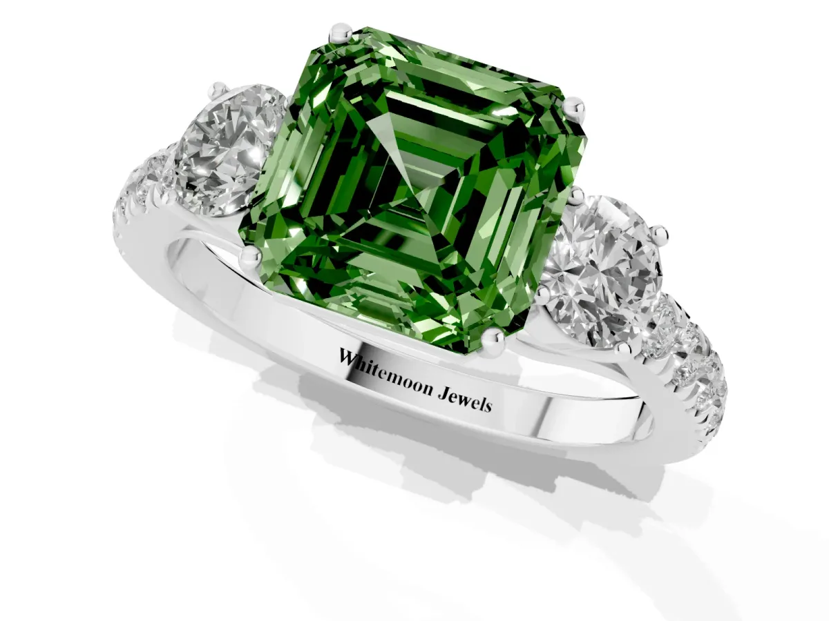 Fancy Green Asscher Cut Cut Diamond Three-Stone Ring with Round Side Stones and Pavé Band Platinum