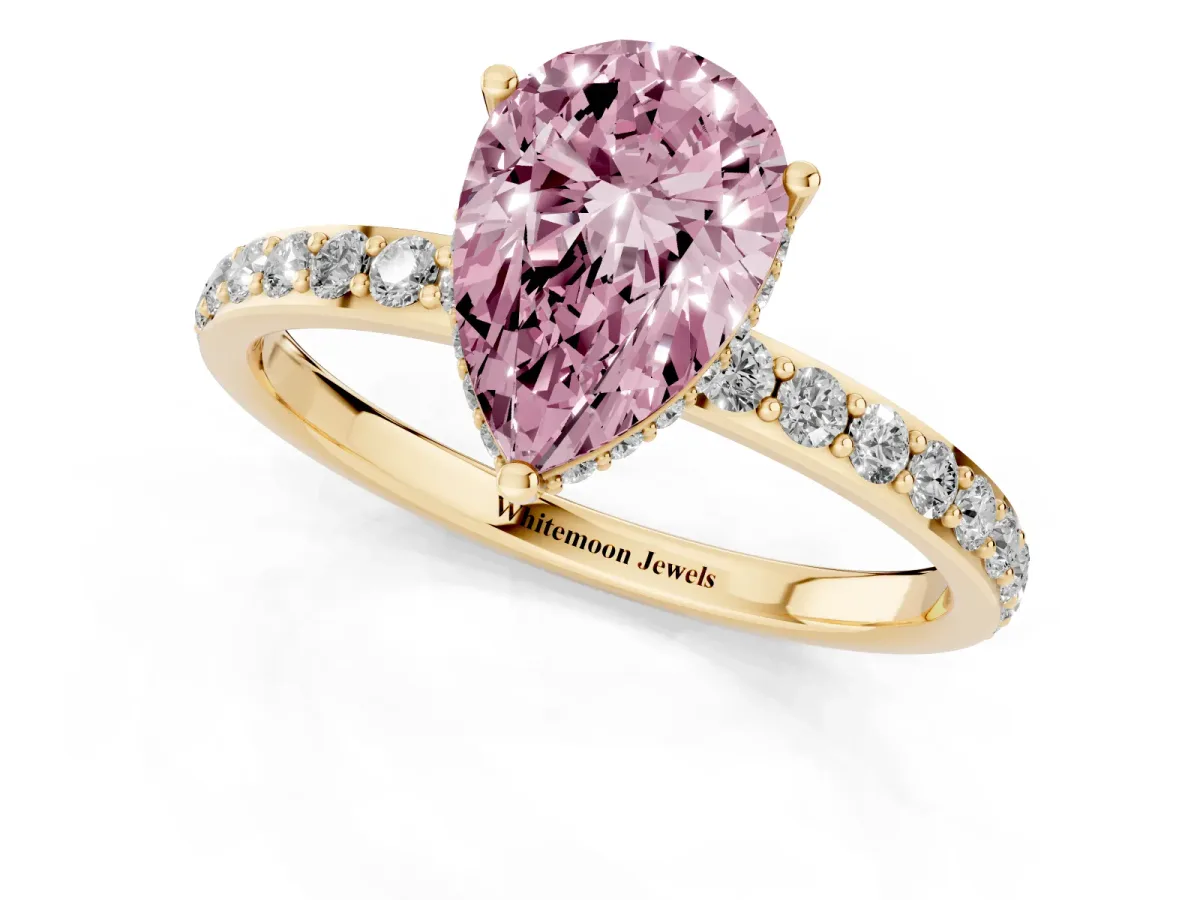 Fancy Pink Pear Cut Diamond Solitaire Ring with Pavé Band and Hidden Halo Yellow gold
