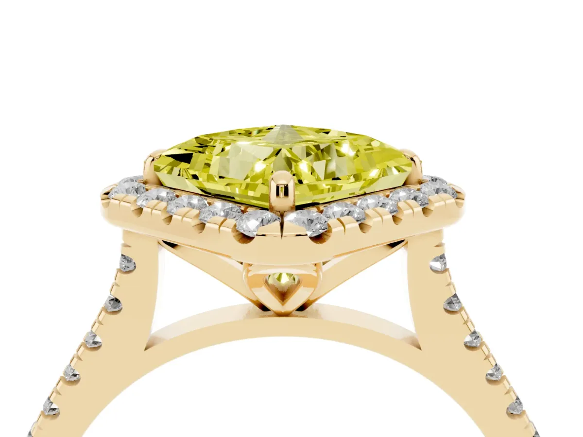 Fancy Yellow Princess Cut Diamond Cushion Halo Ring with Pavé Band Yellow gold