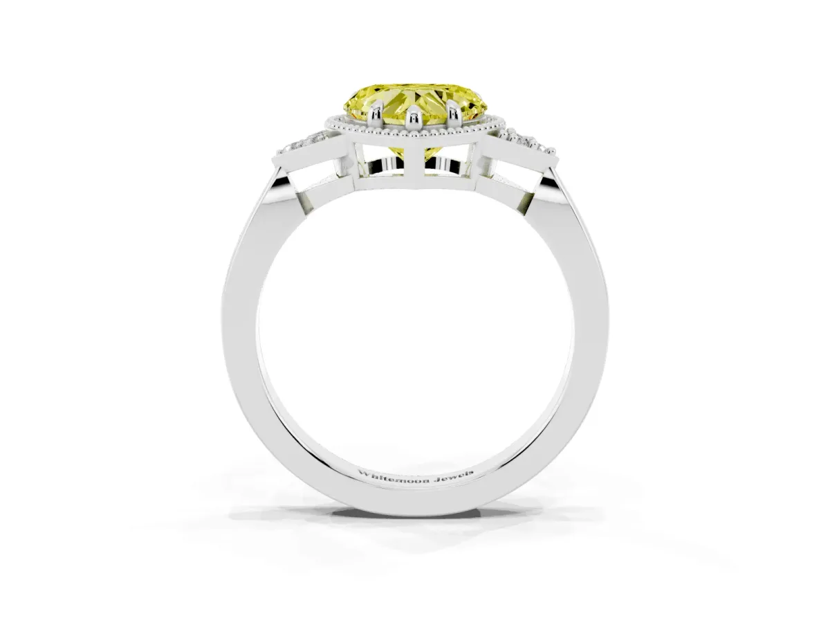 Fancy Yellow Heart Cut Diamond Halo Ring with Tapered Band and Four-Prong Setting Silver