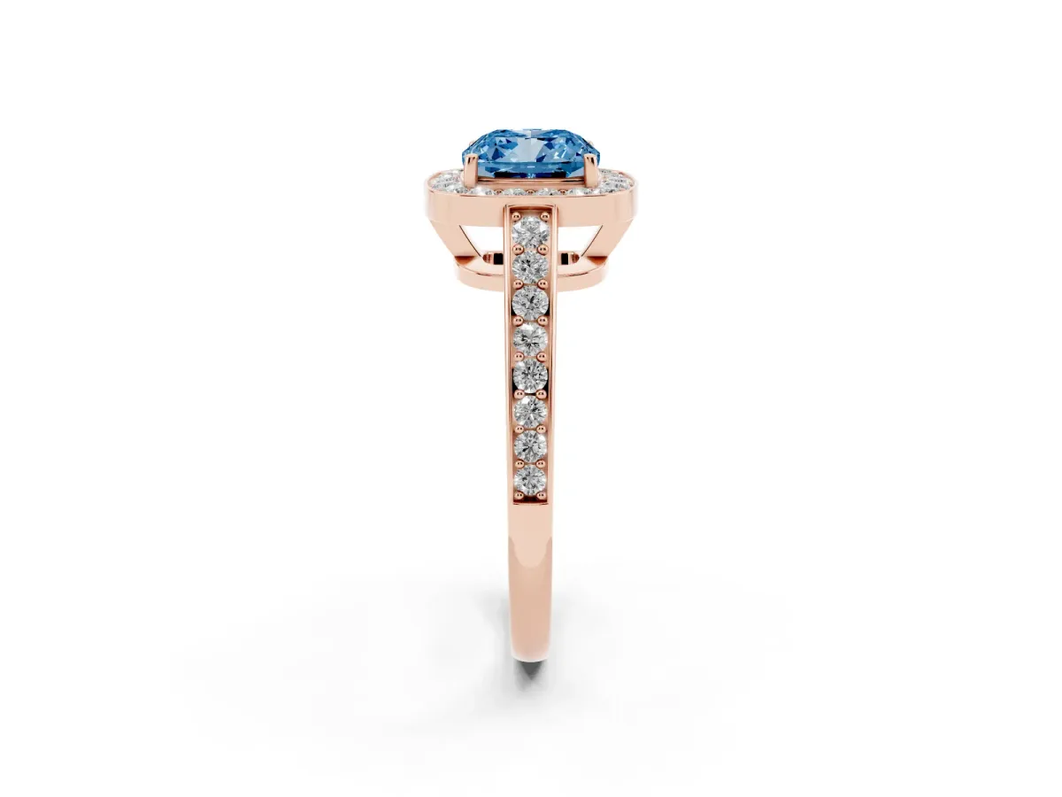 Fancy Blue Cushion Cut Halo Pavé Diamond Engagement Ring with Bezel Setting Rose gold