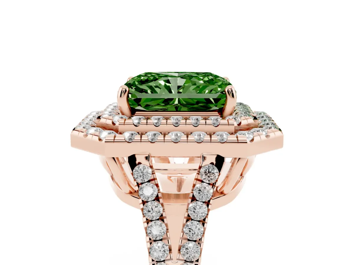 Fancy Green Radiant Cut Diamond Double Halo Ring with Pavé Band and Prong Setting Rose gold