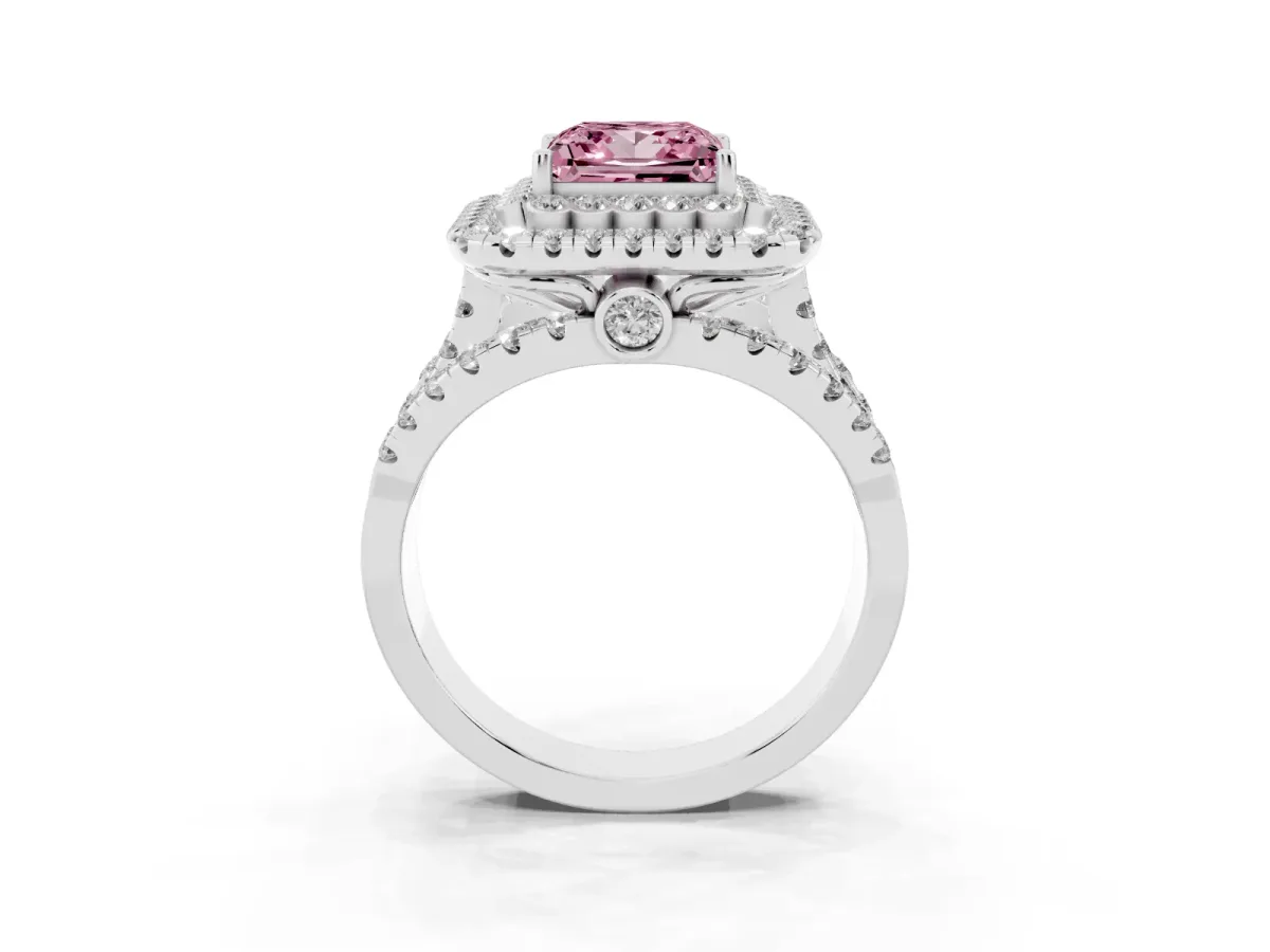Fancy Pink Princess Cut Diamond Double Halo Ring with Round Pavé Split Shank and Prong Setting Silver