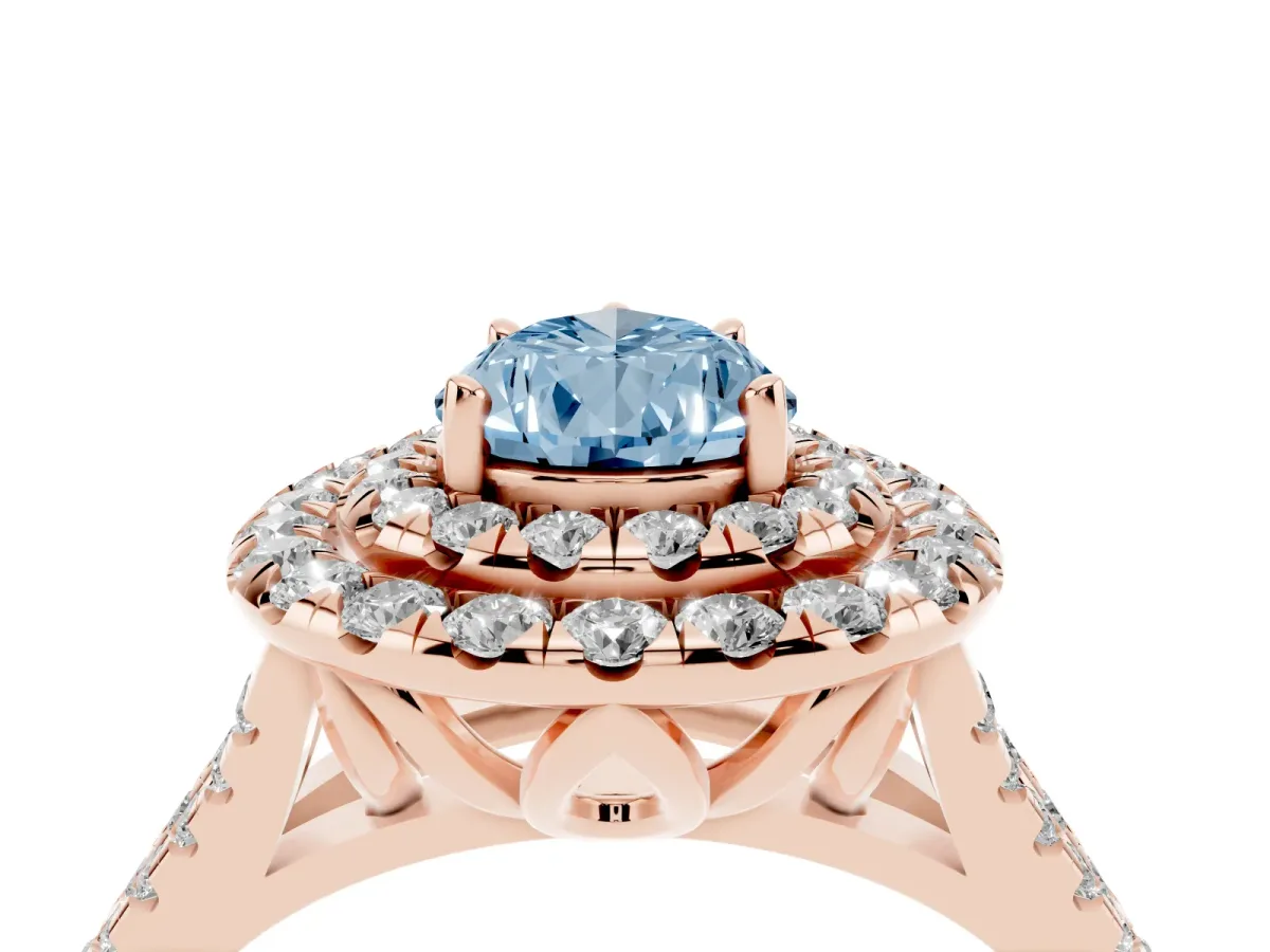 Fancy Blue Double Halo Pear Cut Diamond Pavé Split Shank Ring with Prong Setting Rose gold