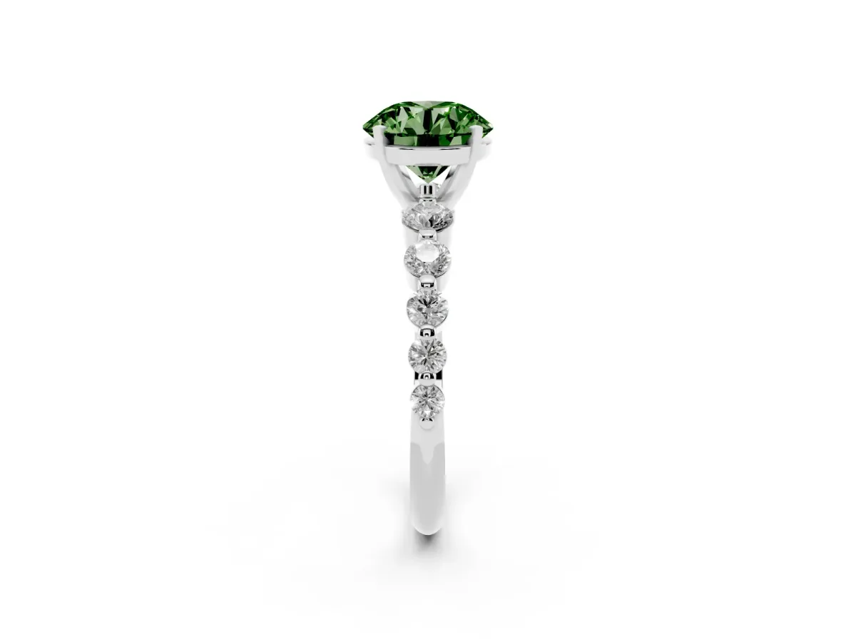 Fancy Green Round Cut Solitaire Diamond Ring with Pave Band and Four-Prong Setting Silver