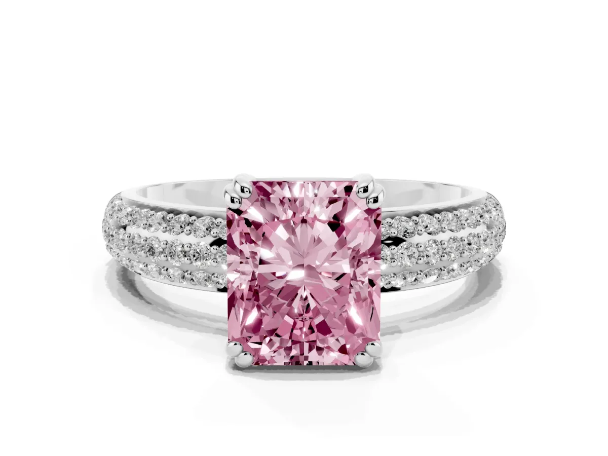 Fancy Pink Radiant Cut Diamond Solitaire Ring with Multi-Row Round Pavé Band and Prong Setting Silver