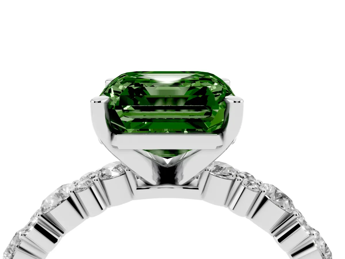 Fancy Green Asscher Cut Diamond Side Stone Solitaire Ring with Round and Four-Prong Setting Platinum
