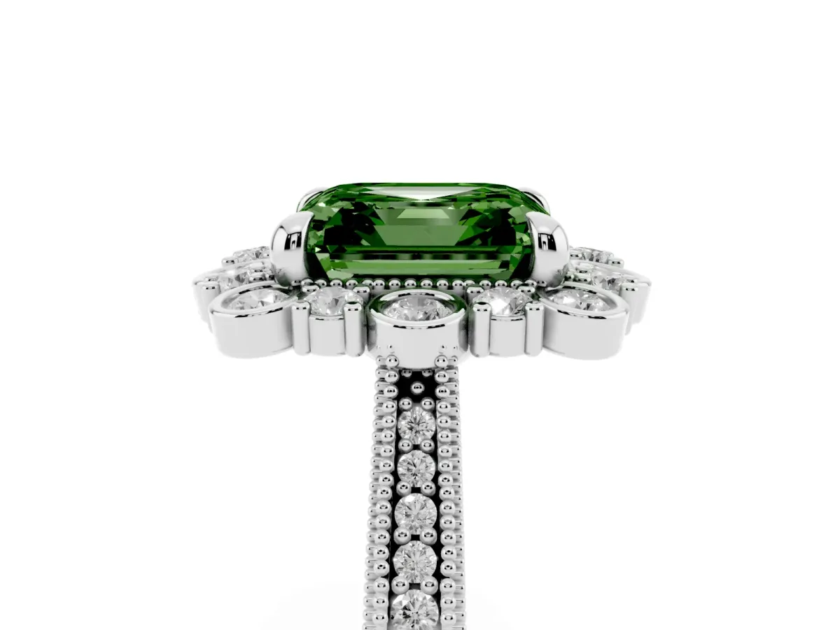 Fancy Green Asscher Cut Halo Milgrain Pave Diamond Ring with Four-Prong Setting Silver
