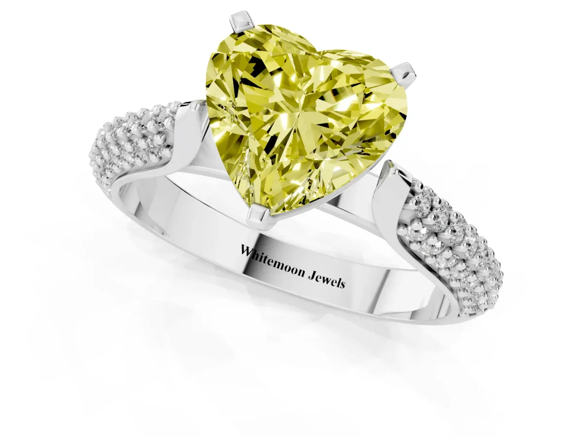 Fancy Yellow Heart Cut Diamond Solitaire Engagement Ring with Multi-Row Round Pavé Band and Prong Setting White gold
