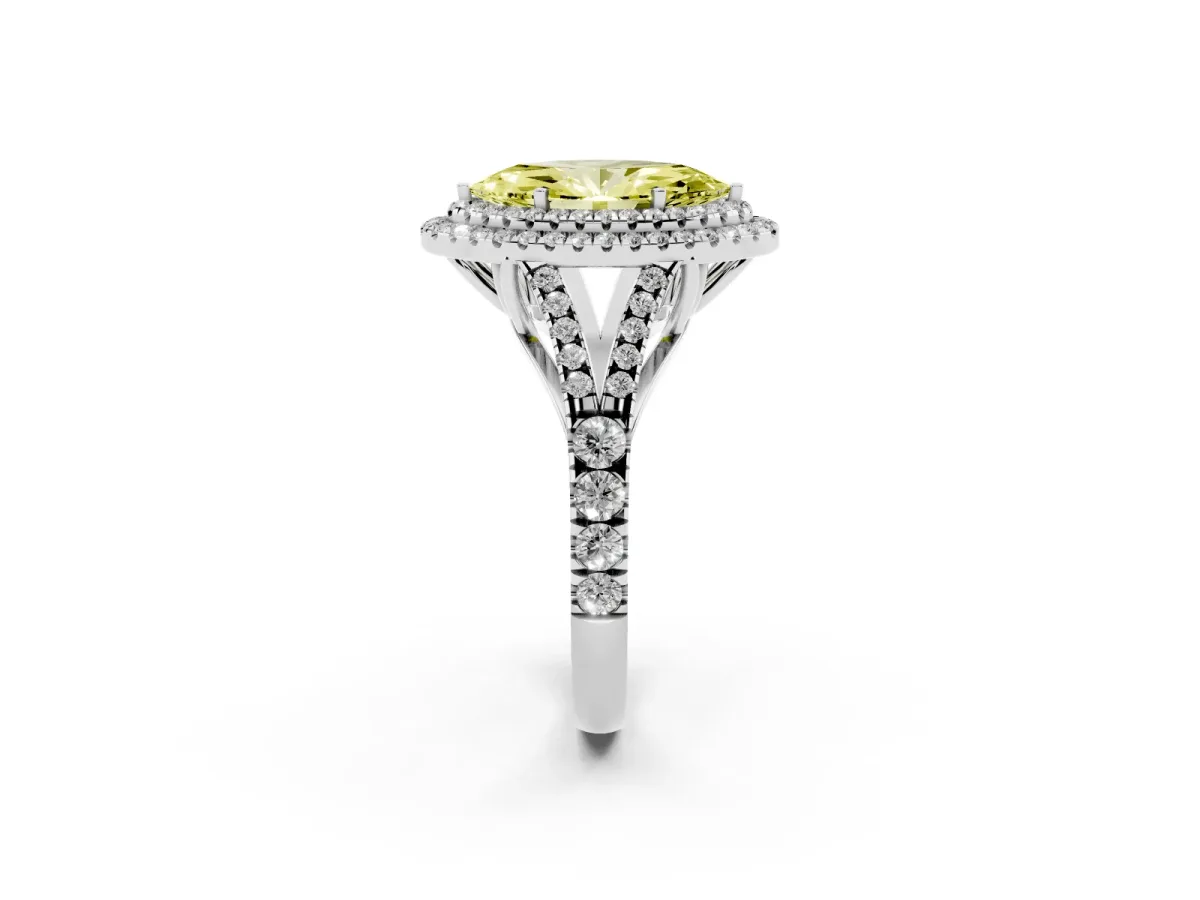 Fancy Yellow Double Halo Marquise Cut Diamond Split Shank Engagement Ring with Four-Prong Setting Silver