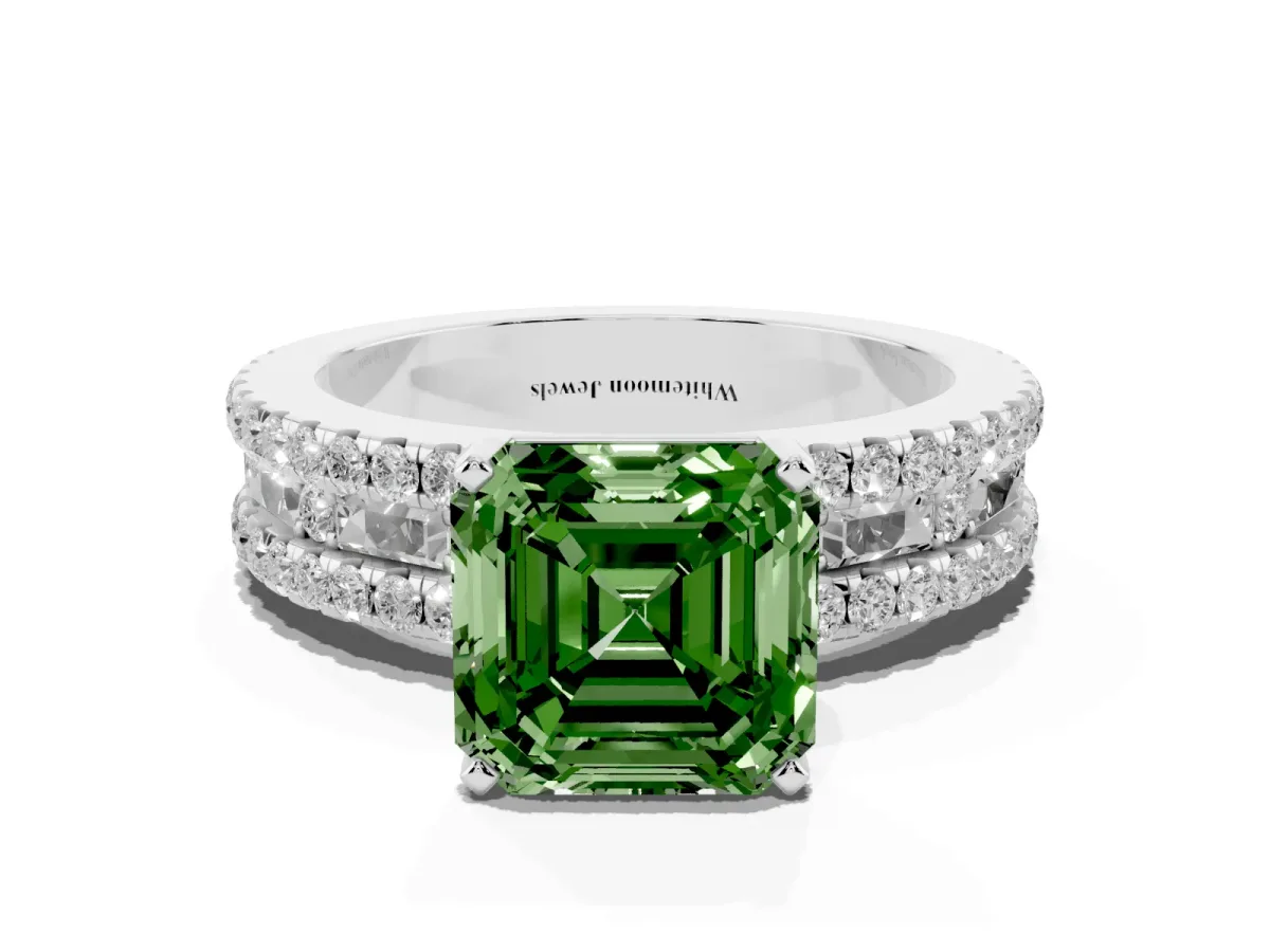 Fancy Green Asscher Cut Diamond Solitaire Ring with Pavé and Channel Set Band Silver