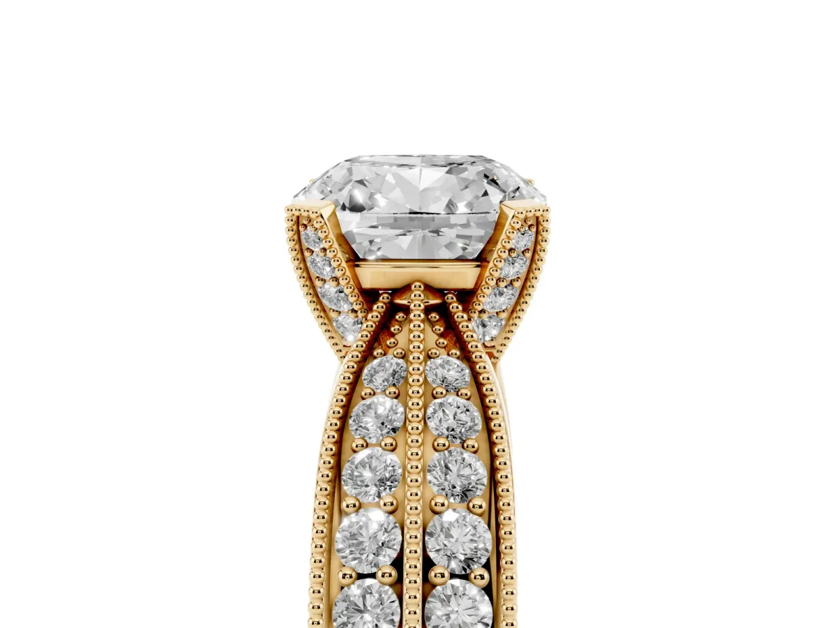 Cushion Cut Diamond Solitaire Ring with Milgrain Round Pavé Band and Prong Setting Yellow gold