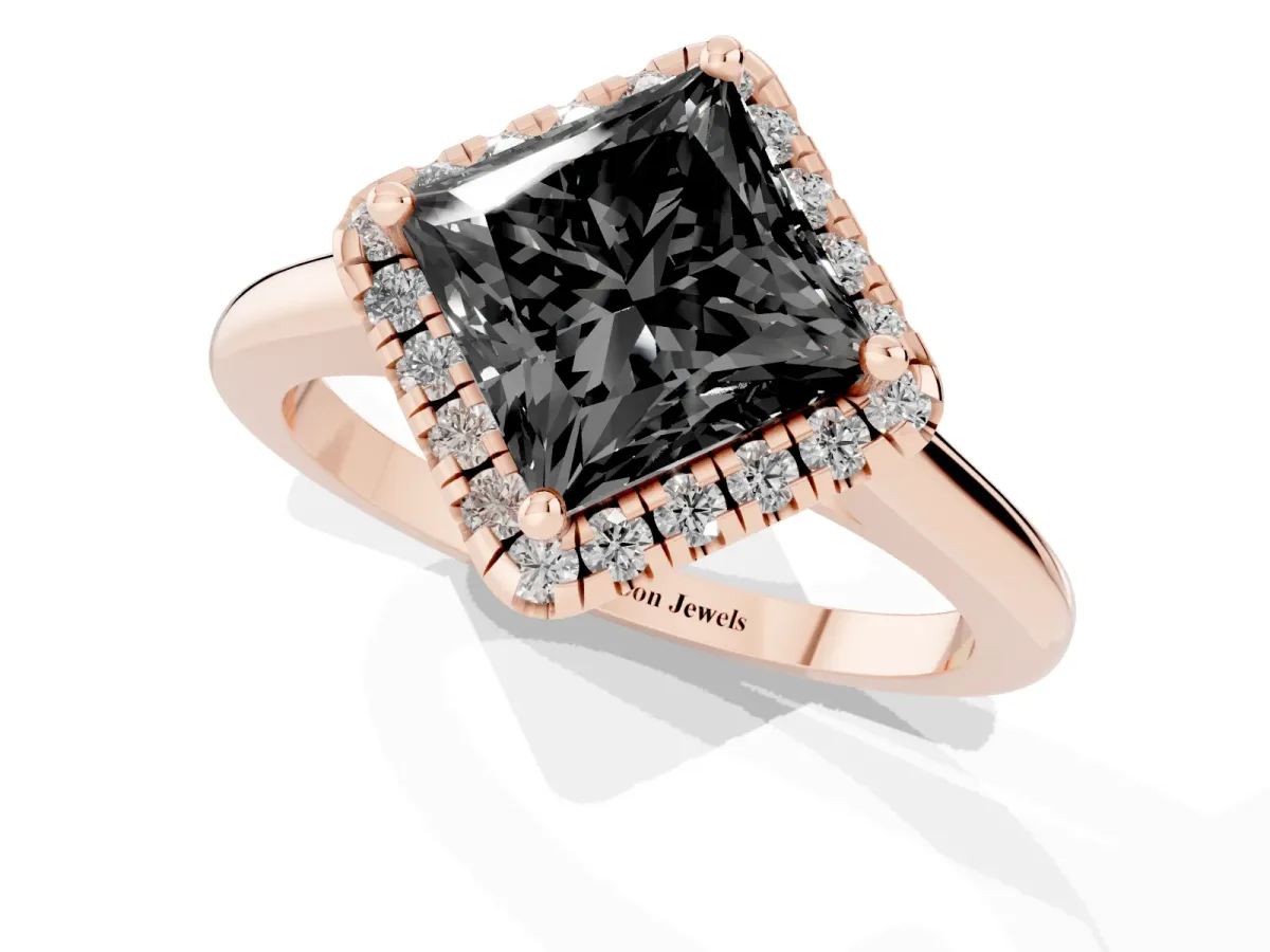 Fancy Black Princess Cut Halo Round Diamond Solitaire Engagement Ring with Pave Band and Four-Prong Setting Rose gold
