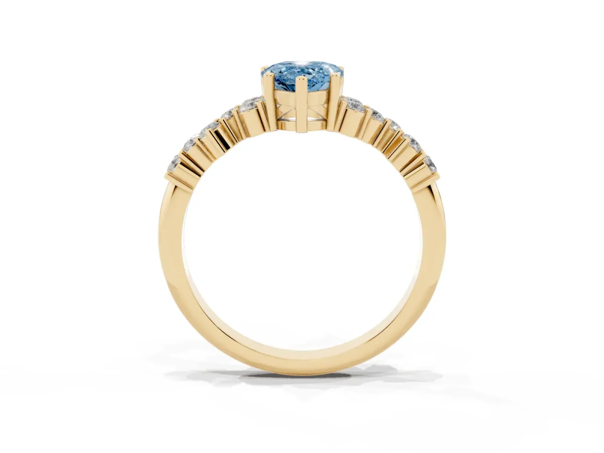 Fancy Blue Pear Cut Diamond Scattered Round Accent Ring with Prong Setting Yellow gold