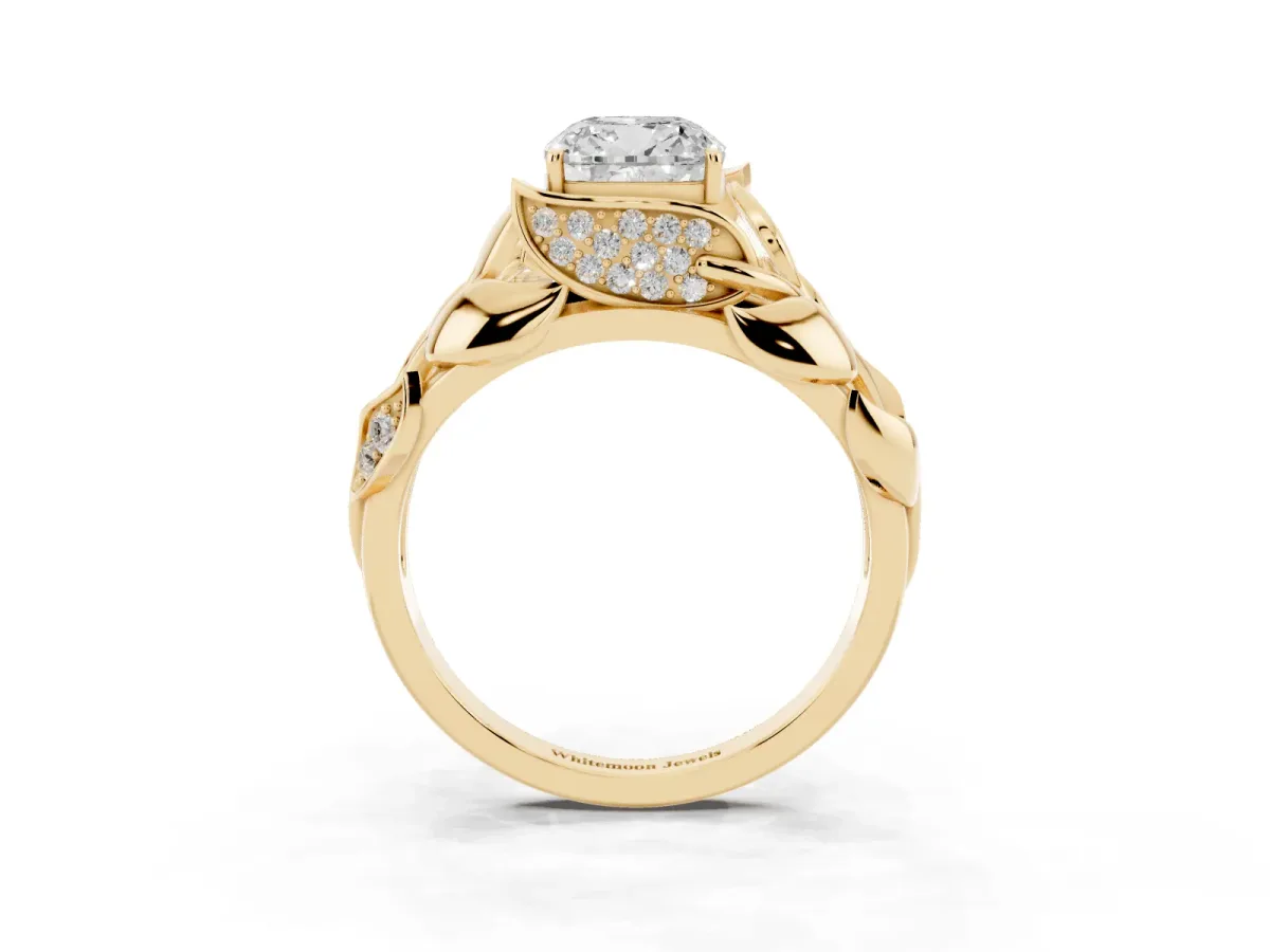 Cushion Cut Diamond Leaf-Inspired Engagement Ring with Round Accents and Prong Setting Yellow gold