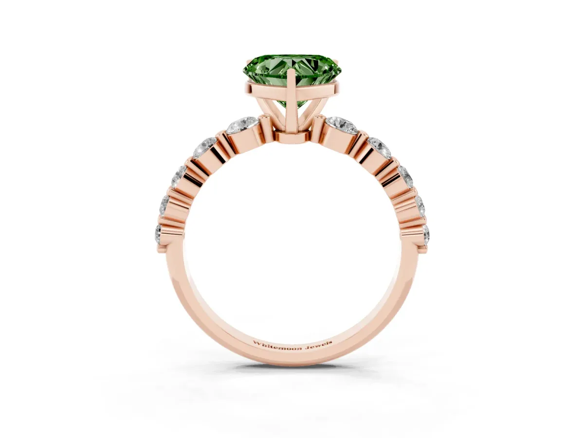 Fancy Green Heart Cut Solitaire Diamond Ring with Pave Band and Four-Prong Setting Rose gold
