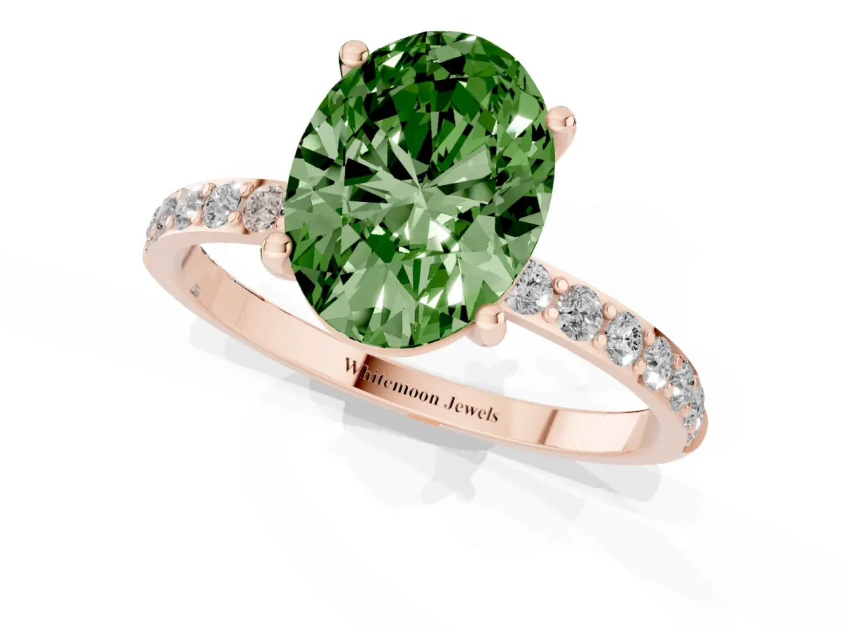 Fancy Green Oval Cut Diamond Solitaire Ring with Round Pavé Shoulders and Prong Setting Rose gold