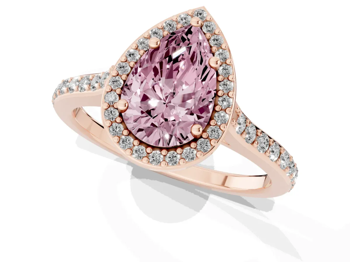 Fancy Pink Pear Cut Diamond Halo Engagement Ring with Round Pavé Shoulders and Prong Setting Rose gold