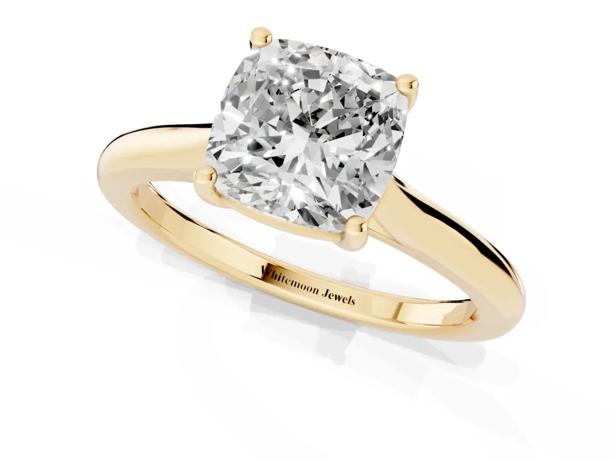 Cushion Cut Cut Solitaire Ring with Cathedral Band and Four-Prong Setting Yellow gold