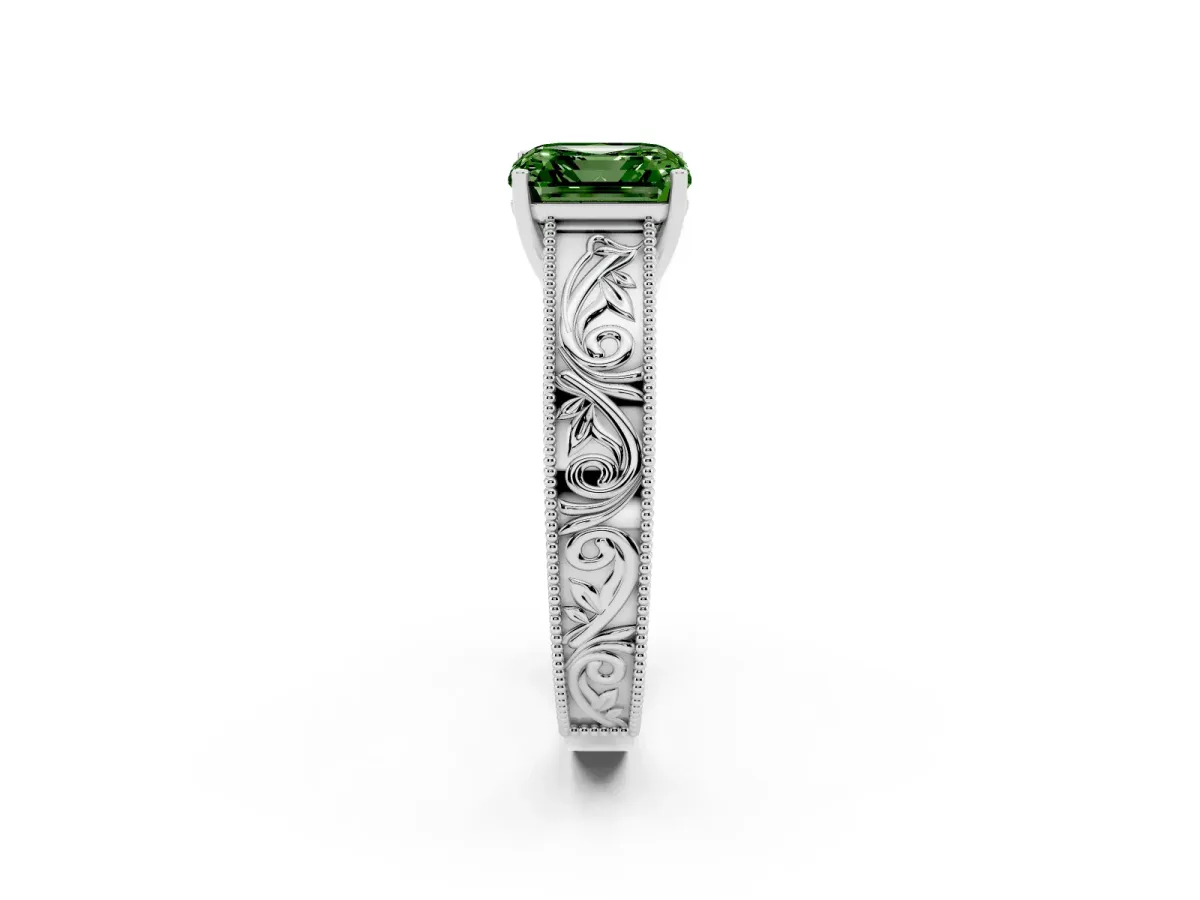 Fancy Green Asscher Cut Diamond Solitaire Ring with Engraved Band and Four-Prong Setting White gold