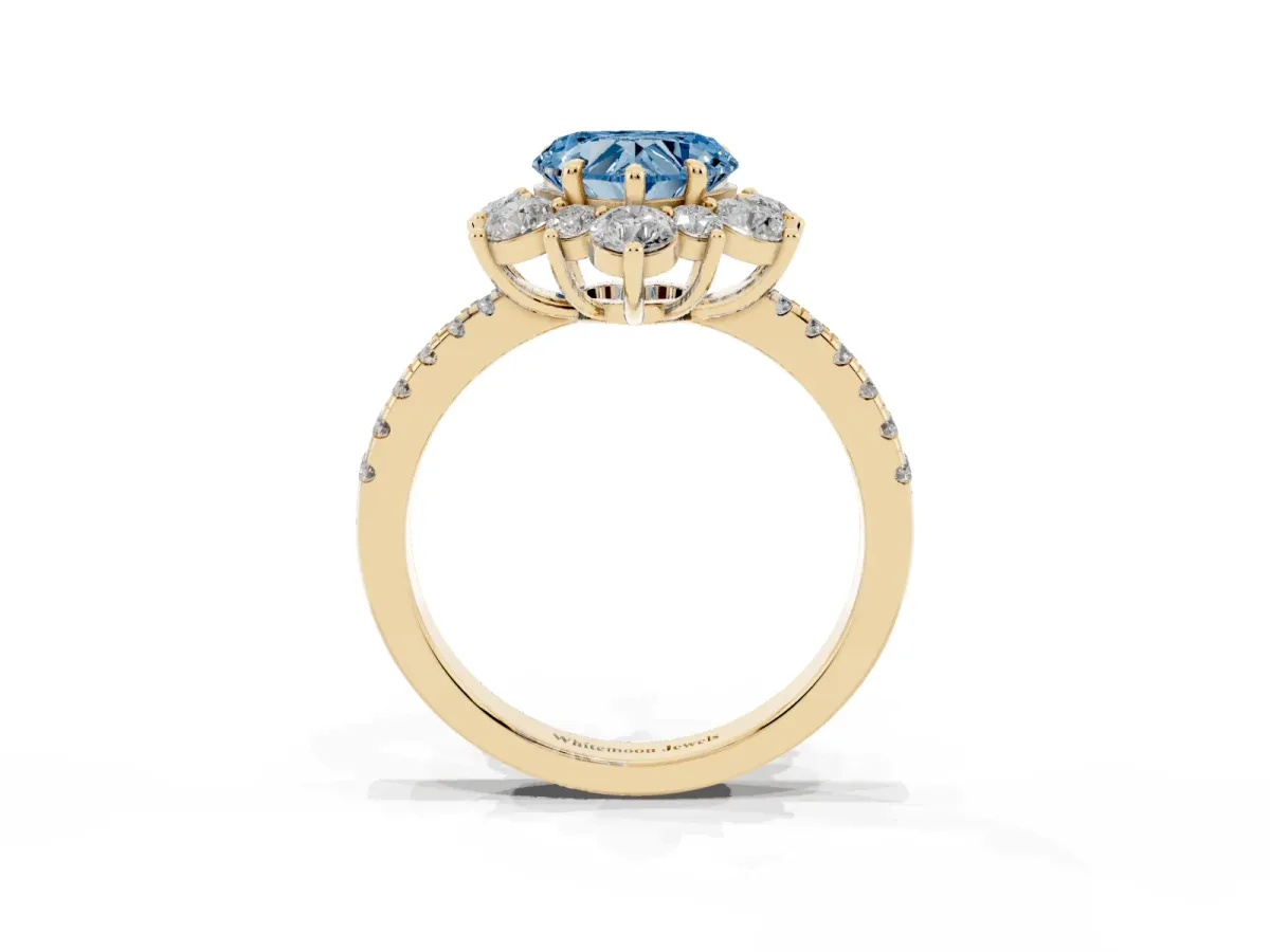 Fancy Blue Heart Cut Diamond Floral Halo Ring with Round Pavé Band and Prong Setting Yellow gold