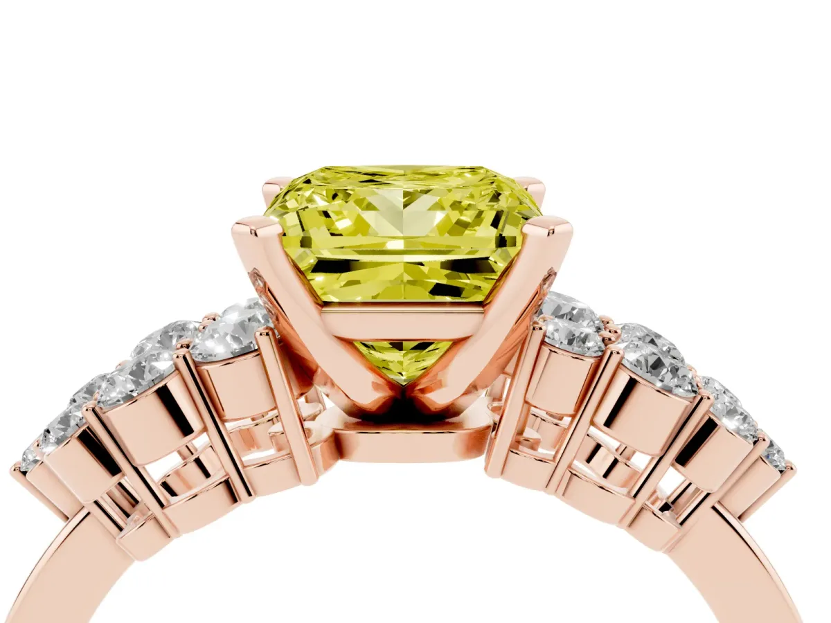 Fancy Yellow Princess Cut Cluster Diamond Engagement Ring with Pavé Band and Four-Prong Setting Rose gold