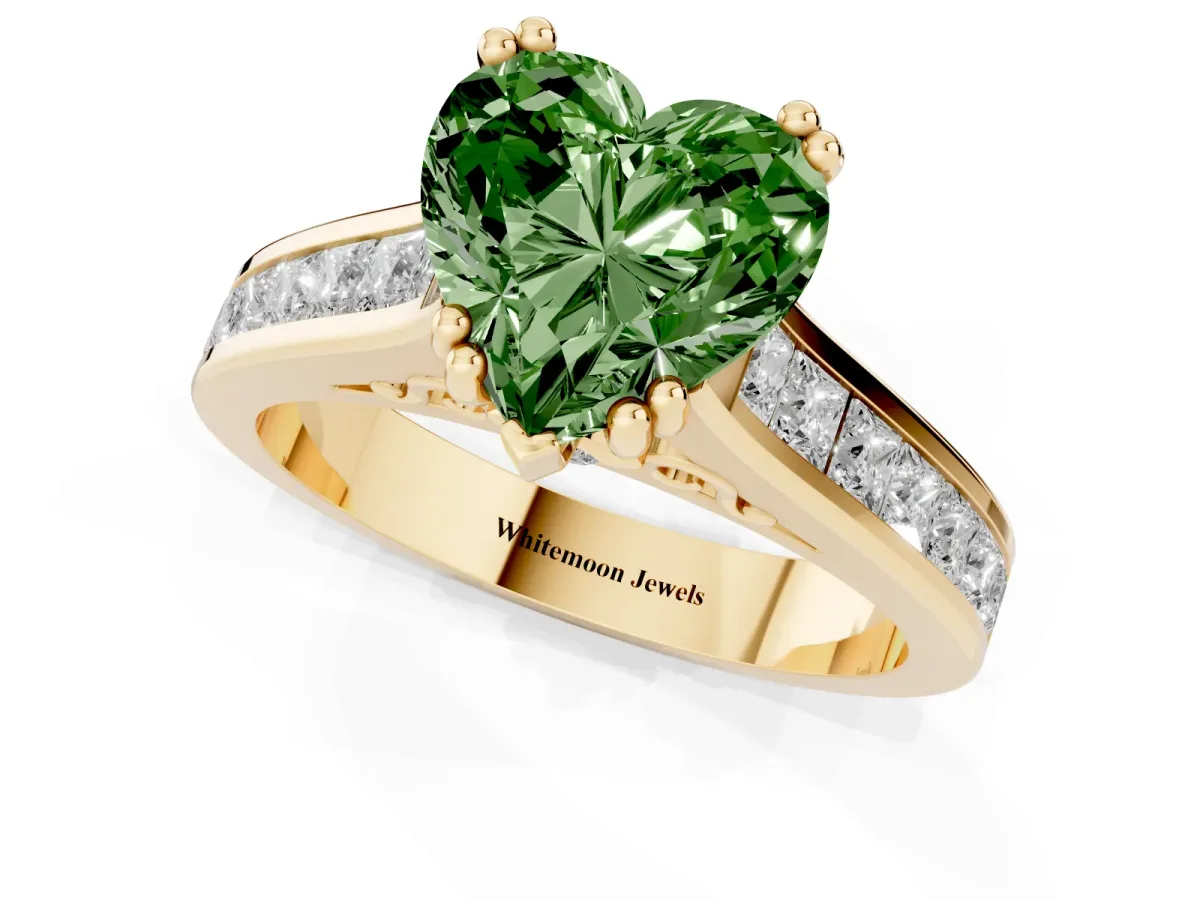 Fancy Green Heart Cut Cut Channel Set Solitaire Engagement Ring with Prong Setting Yellow gold