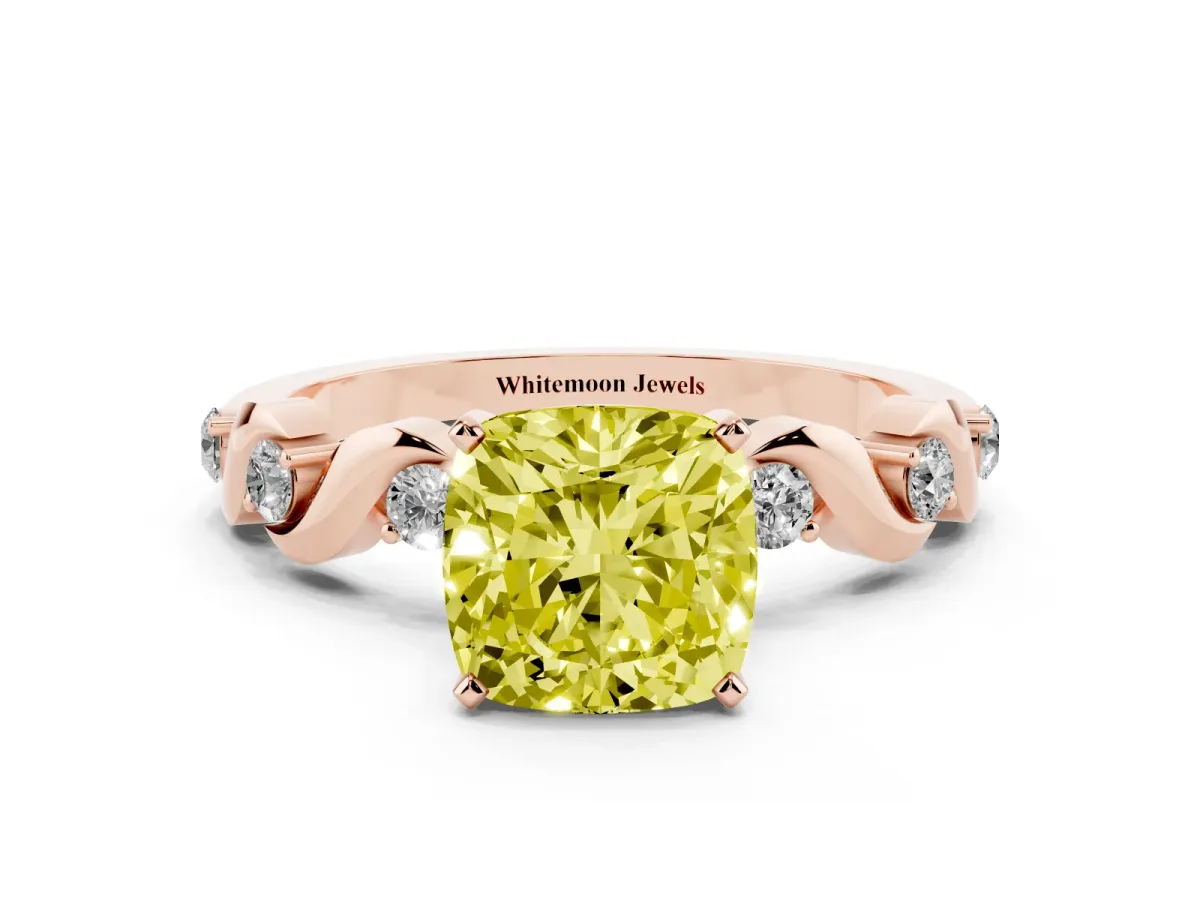 Fancy Yellow Cushion Cut Diamond Solitaire Twisted Band with Round Accents and Prong Setting Rose gold