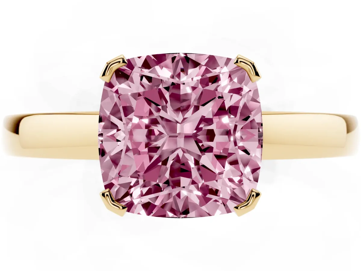 Fancy Pink Cushion Cut Cut Solitaire Ring with Four-Prong Setting and Classic Band Yellow gold
