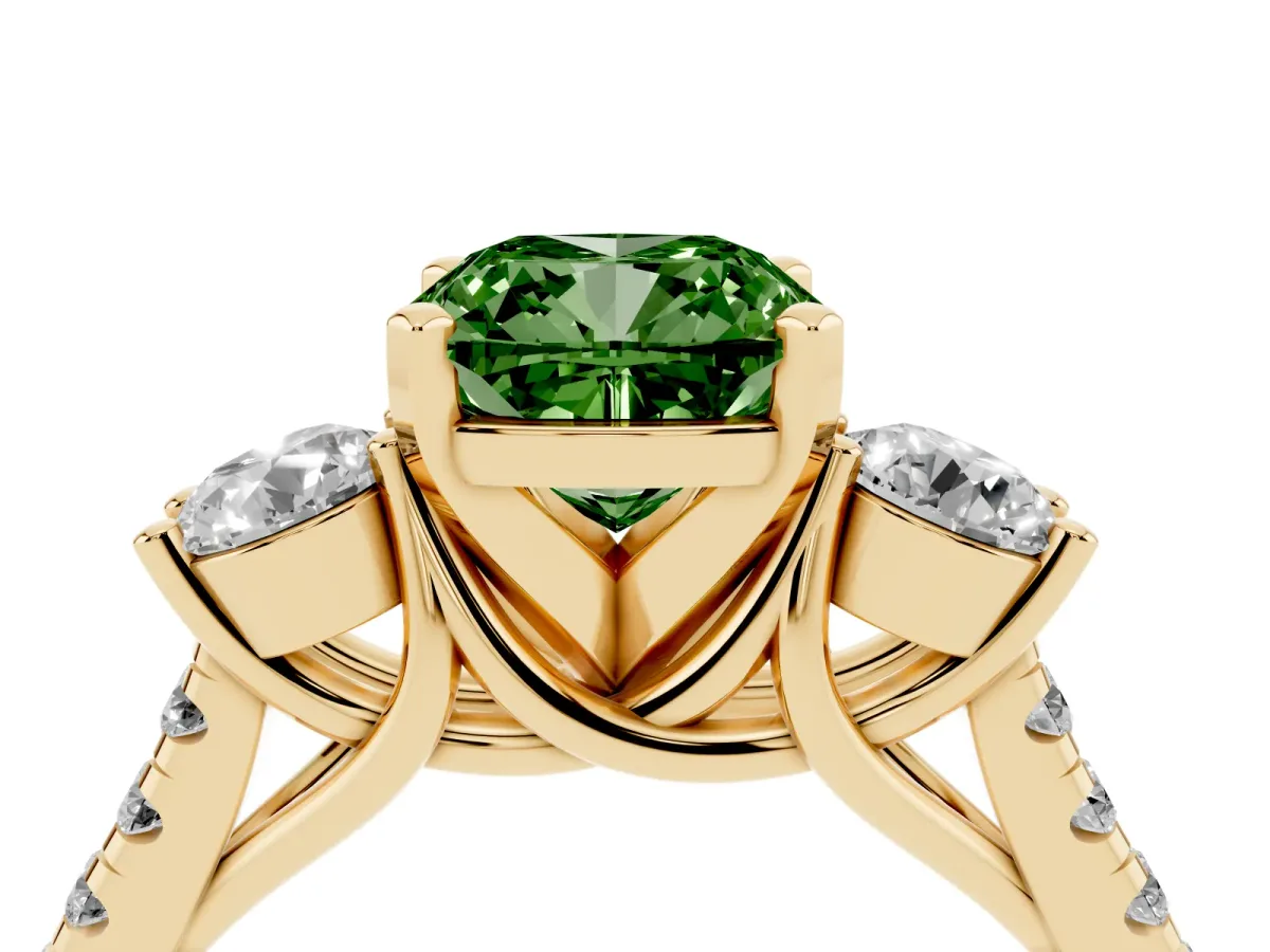 Fancy Green Three-Stone Cushion Cut Diamond Pavé Band with Four-Prong Setting Yellow gold